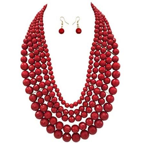 5 Layered Beaded Statement Chunky Necklaces For Women - Multi Strand Colorful Bead Layered Bib Necklace For Women Fashion Jewelry Costume Earring Set