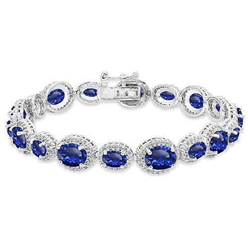 Sterling Silver Genuine, Created or Simulated Gemstone & White Topaz Oval Halo Statement Bracelet