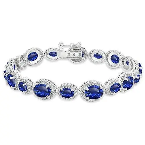 Sterling Silver Genuine, Created or Simulated Gemstone & White Topaz Oval Halo Statement Bracelet Sterling Silver Genuine, Created or Simulated Gemstone & White Topaz Oval Halo Statement Bracelet
