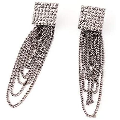 Solememo Gold Tone Elegant Geometric Long Tiered Chandelier Dangle Earrings with Faux Pear Gold DIsc Mesh Metal Crystals Tassel Statement Drop Earrings for Women Teen Girls (Silver Chain)