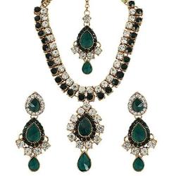 MUCH-MORE Indian Bollywood Traditional Maang Tikka with Kundan Necklace Earrings Set Ethnic Wedding Party Designer Jewelry for Women
