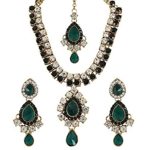 MUCH-MORE Indian Bollywood Traditional Maang Tikka with Kundan Necklace Earrings Set Ethnic Wedding Party Designer Jewelry for Women