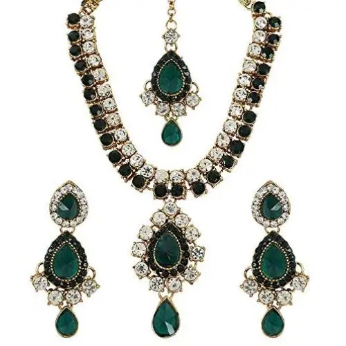 MUCH-MORE Indian Bollywood Traditional Maang Tikka with Kundan Necklace Earrings Set Ethnic Wedding Party Designer Jewelry for Women