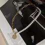 FFJGO Paper Clip Necklace Freshwater Cultured Pearls Vintage Chunky Link Chain Mosaic Irregular Coin Pendant 14K Gold Fashion Retro Charm Valentine Jewelry for Women Girls