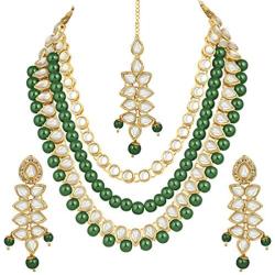 Aheli Multi Layered Faux Kundan Beaded Necklace Earrings Maang Tikka Indian Ethnic Bollywood Jewellery Set for Women