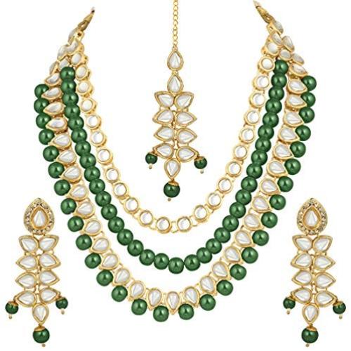 Aheli Multi Layered Faux Kundan Beaded Necklace Earrings Maang Tikka Indian Ethnic Bollywood Jewellery Set for Women