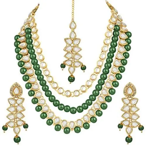 Aheli Multi Layered Faux Kundan Beaded Necklace Earrings Maang Tikka Indian Ethnic Bollywood Jewellery Set for Women Aheli Multi Layered Faux Kundan Beaded Necklace Earrings Maang Tikka Indian Ethnic Bollywood Jewellery Set for Women