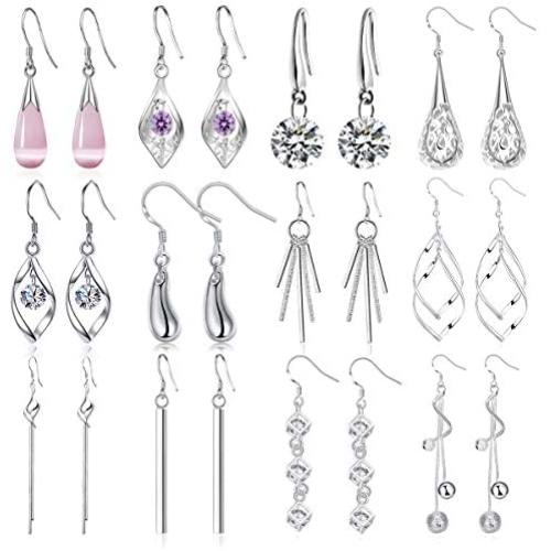 Jewdreamer 12 Pairs Classic Silver Plated Dangle Drop Earrings for Women Simple Long Thread Fashion Line Christmas Earrings Set