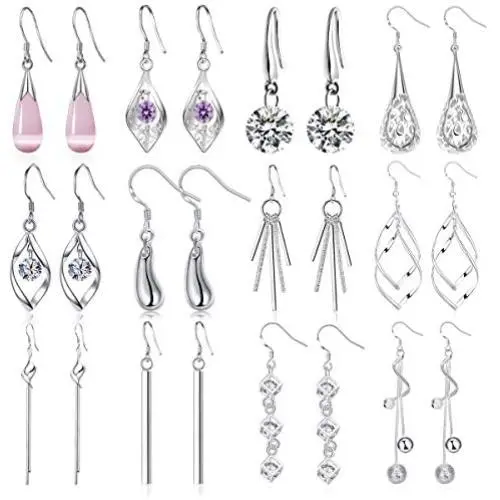 Jewdreamer 12 Pairs Classic Silver Plated Dangle Drop Earrings for Women Simple Long Thread Fashion Line Christmas Earrings Set Jewdreamer 12 Pairs Classic Silver Plated Dangle Drop Earrings for Women Simple Long Thread Fashion Line Christmas Earrings Set