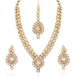 Aheli Indian Wedding Wear Faux Stone Necklace with Maang Tikka Set Elegant Ethnic Fashion Jewelry for Women