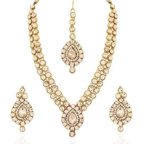 Aheli Indian Wedding Wear Faux Stone Necklace with Maang Tikka Set Elegant Ethnic Fashion Jewelry for Women