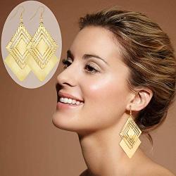 KaFu Boho Lightweight Geometric Filigree Hollow out Rhombus Shape-Dangle Drop Vintage Statement Earrings for Women girls