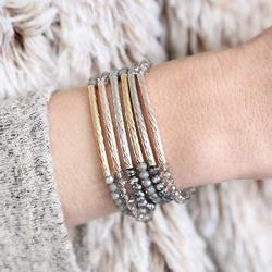 RIAH FASHION Bohemian Multi-Layer Beaded Stacking Statement Bracelets - Versatile Stretch Strand Sparkly Crystal Delicate Bar Slip-on Cuff Bangle Set