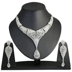 Touchstone Indian Bollywood Intricately Crafted Diamond Look Rhinestone Crystal Colorful Wedding Designer Jewelry Necklace Set in Gold and Silver Tone for Women.