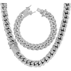 Mens 12MM 14MM 20MM Chains 18K Gold Plated CZ Fully Iced-Out Miami Cuban Necklace Bracelet Set