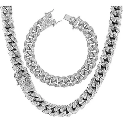 Mens 12MM 14MM 20MM Chains 18K Gold Plated CZ Fully Iced-Out Miami Cuban Necklace Bracelet Set