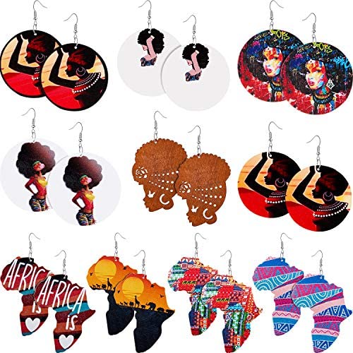 10 Pairs African Round Wooden Earrings Ethnic Style African Map Earrings Multicolor Earrings for Women