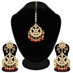 Aheli Indian Traditional Wedding Faux Kundan Beads and Pearls Chandbali Earrings Maang Tikka Earrings Set Ethnic Bollywood Jewelry Set for Women