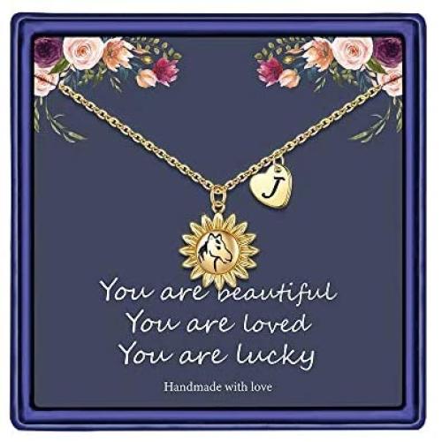 Turandoss Horse Gifts for Girls, 14K Gold Plated Heart Initial Pendant Horse Necklace for Girls Personalized Sunflower Horse Necklace Horse Gifts for Girls