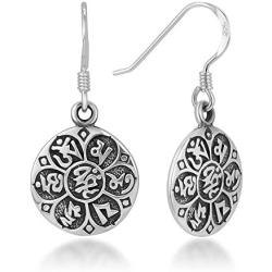 925 Sterling Silver''OM MANI PADME HUM'' Tibetan Buddhism Mantra Round Dangle Hook Earrings 1.18''