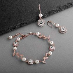 Mariell Rose Gold Vine & Ivory Pearl CZ Bridal Bracelet & Earrings Set - Wedding Jewelry for Bridesmaids