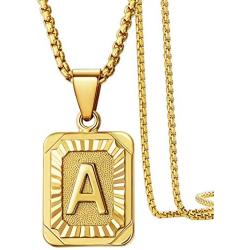 KissYan Initial Letter Pendant Necklace for Mens Womens, 18K Gold Plated Square Capital Monogram Necklace Alhpabets from A-Z Figaro Chain Necklace