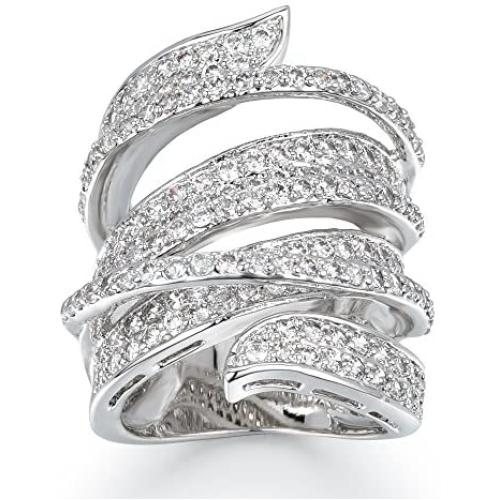 Delicin Jewelry Rhodium Plated Cubic Zirconia Wide Band Cocktail Ring