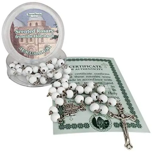 Scented Catholic White Wooden Rosary Prayer Beaded Jerusalem Cross Crucifix Christ Jesus Necklace for Auto Car for Men Women Religious Jewelry Pendant