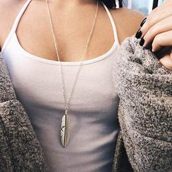 YienDoo Boho Silver Feather Pendant Necklace Chain Dainty Long Leaf Necklace Gypsy Charm Jewelry for Women and Girls