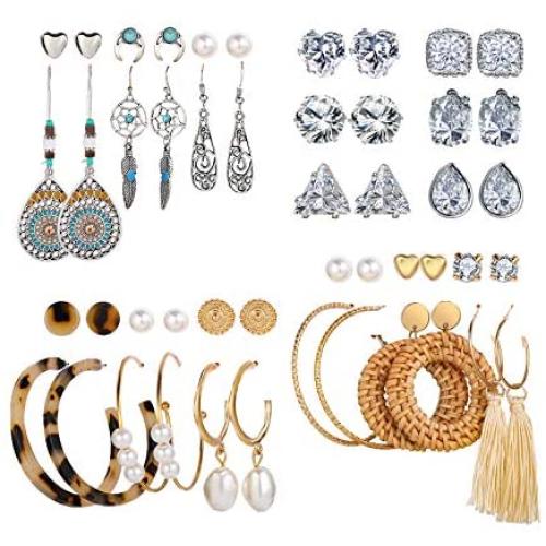 24 Pairs Stud Drop Dangle Earrings Set for Women Girls Bohemian Lightweight Vintage Drop Earrings with Sliver Stainless Steel Stud Hoop Earrings for Birthday Gifts