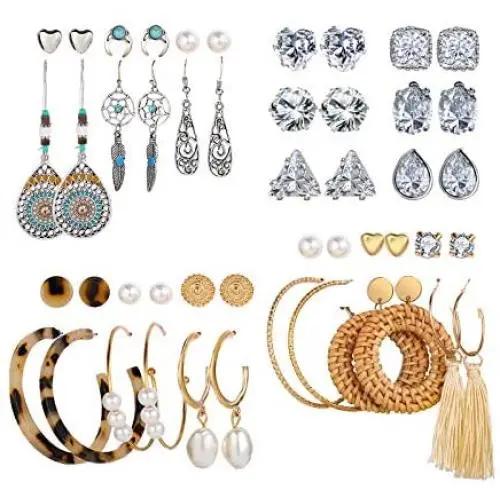 24 Pairs Stud Drop Dangle Earrings Set for Women Girls Bohemian Lightweight Vintage Drop Earrings with Sliver Stainless Steel Stud Hoop Earrings for Birthday Gifts 24 Pairs Stud Drop Dangle Earrings Set for Women Girls Bohemian Lightweight Vintage Drop Earrings with Sliver Stainless Steel Stud Hoop Earrings for Birthday Gifts