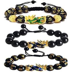 Handmade Carved Mantra Stone Pi Xiu Feng Shui Black Obsidian Wealth Lucky Bracelet for Women Men Adjustable 14K Gold Plated Braided Rope Amulet Bracelet Protection Jewelry