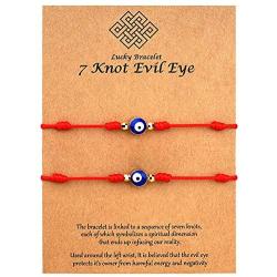 Upgraded 2pcs 7 Knots Evil Eye Bracelet Adjustable Lucky Red String Bracelet Set Protection Friendship Wish Bracelets for Women Men Boy Girl Him Her BFF Friend Gifts with Message Card