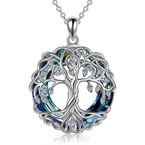 POPLYKE Tree of Life Necklace for Women Sterling Silver Celtic Knot Family Tree with Blue/Purple/Volcano Crystal Irish Gifts for Mom Daughter Wife Birthday Christmas