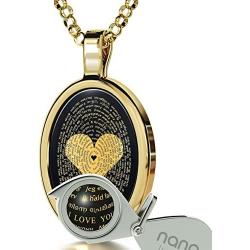 Love Jewelry Set I Love You Necklace in 120 Languages 24k Gold Inscribed in Miniature Text on Oval Black Onyx Gemstone Pendant and Black Crystal Heart Dangle Earrings for Women, 18'' Rolo Chain