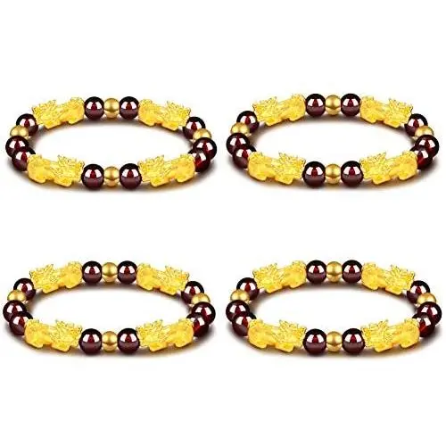 4 Pcs Feng Shui Pi Xiu Bracelet Set Feng Shui Lucky Wealth Bead Bracelet Handmade Amulet Bead Bracelet Set Dainty 8mm Garnet Beaded Bracelet for Women Girls Jewelry