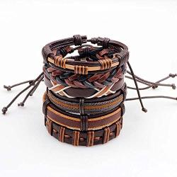 MJartoria Leather Bracelets for Men, Mens Womens Unisex Faux Leather Bracelets Adjustable Braided Multi Cool Wrap Wristbands Cuff Set