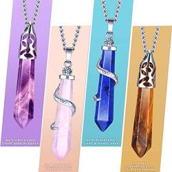 Yaomiao 6 Pieces Hexagonal Natural Crystal Quartz Healing Necklace Crystal Pendant Gemstones Jewelry with 26.8 Inches Stainless Steel Chain for Women Girls Ladies