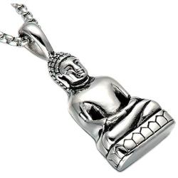 SINLEO Mens Stainless Steel Meditation Tibetan Buddha Pendant Necklace Amitabha Amulet Religious Jewelry