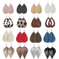 Wremily 16 Pairs Leather Earrings for Women Teardrop Leaf Leopard Print Drop Earrings Lightweight Dangle Earrings Set