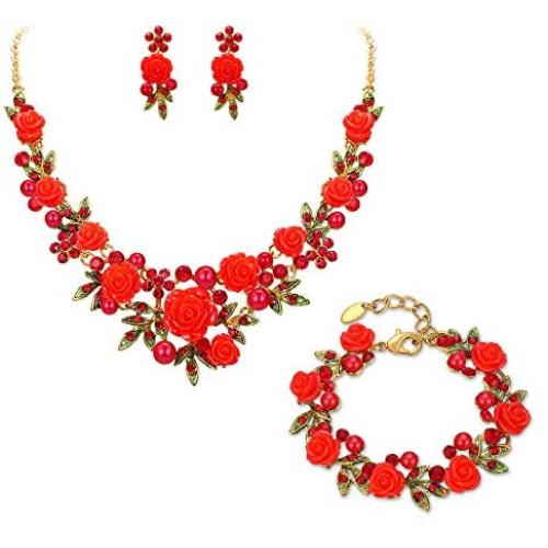 EVER FAITH Costume Jewelry Set Crystal Simulated Pearl Rose Flower Necklace Earrings Bracelet Set Red Gold-Tone