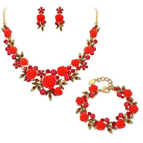 EVER FAITH Costume Jewelry Set Crystal Simulated Pearl Rose Flower Necklace Earrings Bracelet Set Red Gold-Tone EVER FAITH Costume Jewelry Set Crystal Simulated Pearl Rose Flower Necklace Earrings Bracelet Set Red Gold-Tone
