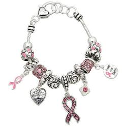 Lola Bella Gifts Crystal '' Keep the Faith'' Pink Ribbon Breast Cancer Awareness Charm Bracelet with Gift Box