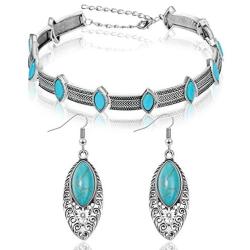 Bohemian Turquoise Necklace Choker Turquoise Earrings Silver Short Choker Necklace Handmade Vintage Necklace with Vintage Statement Drop Dangle Earrings Gothic Boho Jewelry Set for Women