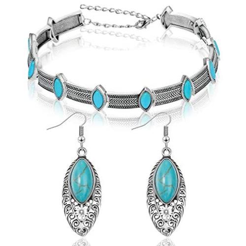 Bohemian Turquoise Necklace Choker Turquoise Earrings Silver Short Choker Necklace Handmade Vintage Necklace with Vintage Statement Drop Dangle Earrings Gothic Boho Jewelry Set for Women