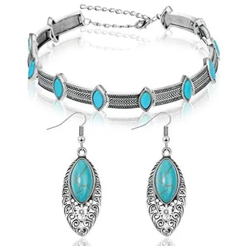 Bohemian Turquoise Necklace Choker Turquoise Earrings Silver Short Choker Necklace Handmade Vintage Necklace with Vintage Statement Drop Dangle Earrings Gothic Boho Jewelry Set for Women Bohemian Turquoise Necklace Choker Turquoise Earrings Silver Short Choker Necklace Handmade Vintage Necklace with Vintage Statement Drop Dangle Earrings Gothic Boho Jewelry Set for Women