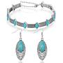 Bohemian Turquoise Necklace Choker Turquoise Earrings Silver Short Choker Necklace Handmade Vintage Necklace with Vintage Statement Drop Dangle Earrings Gothic Boho Jewelry Set for Women