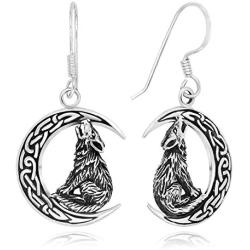 925 Sterling Silver Celtic Crescent Moon Wolf Dangle Earrings