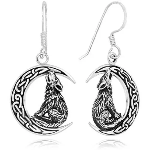925 Sterling Silver Celtic Crescent Moon Wolf Dangle Earrings