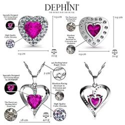 DEPHINI - Heart Necklace & Heart Earrings Set - 925 Sterling Silver - Pink Crystal Studs & Pendant Birthstone- Fine Jewellery Set for Women - 18'' Rhodium Plated Silver Chain - Cubic Zirconia